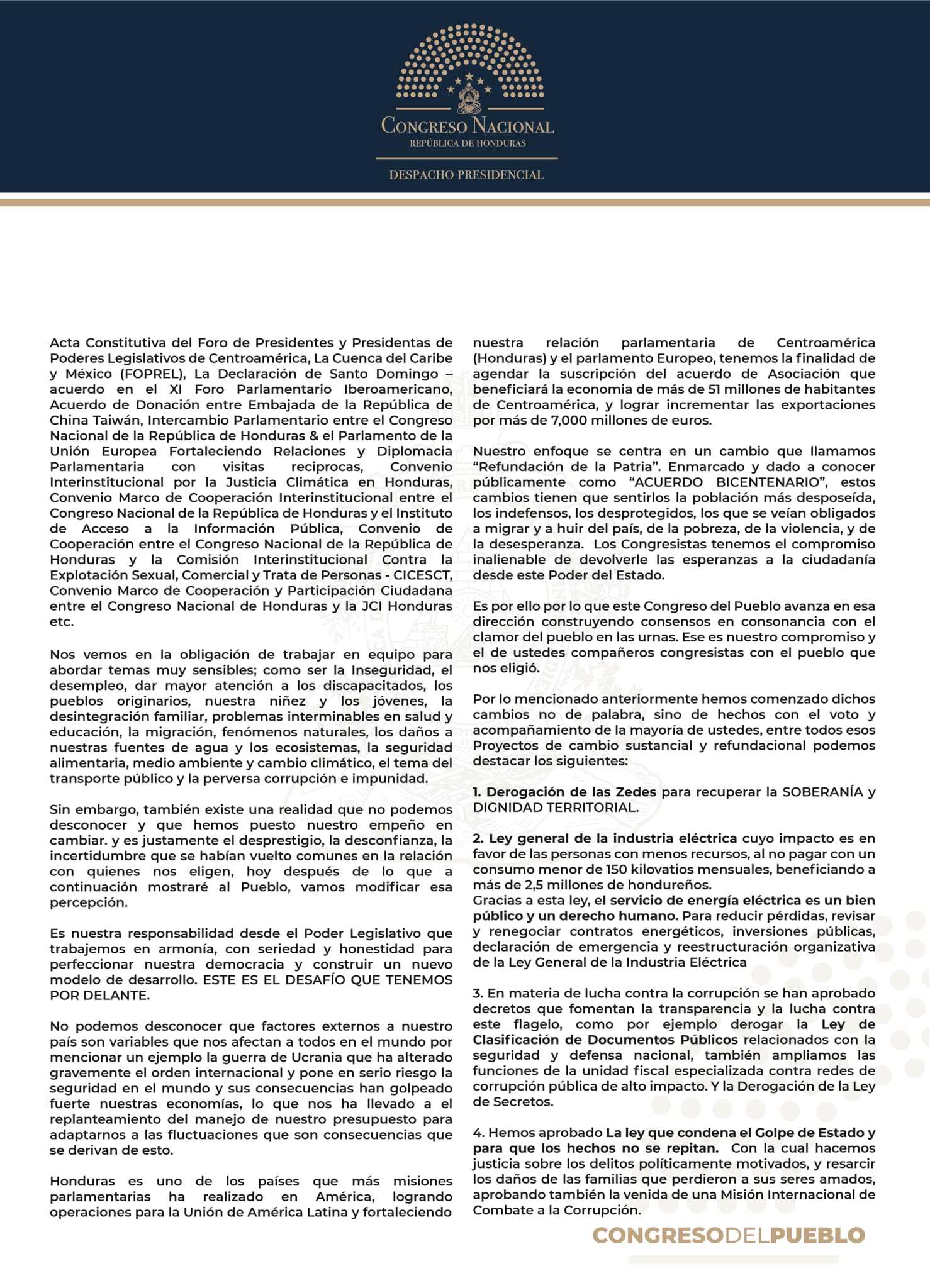 Discurso del Presidente Luis Rolando Redondo Guifarro en la instalación de la Segunda Legislatura del Congreso Nacional.
